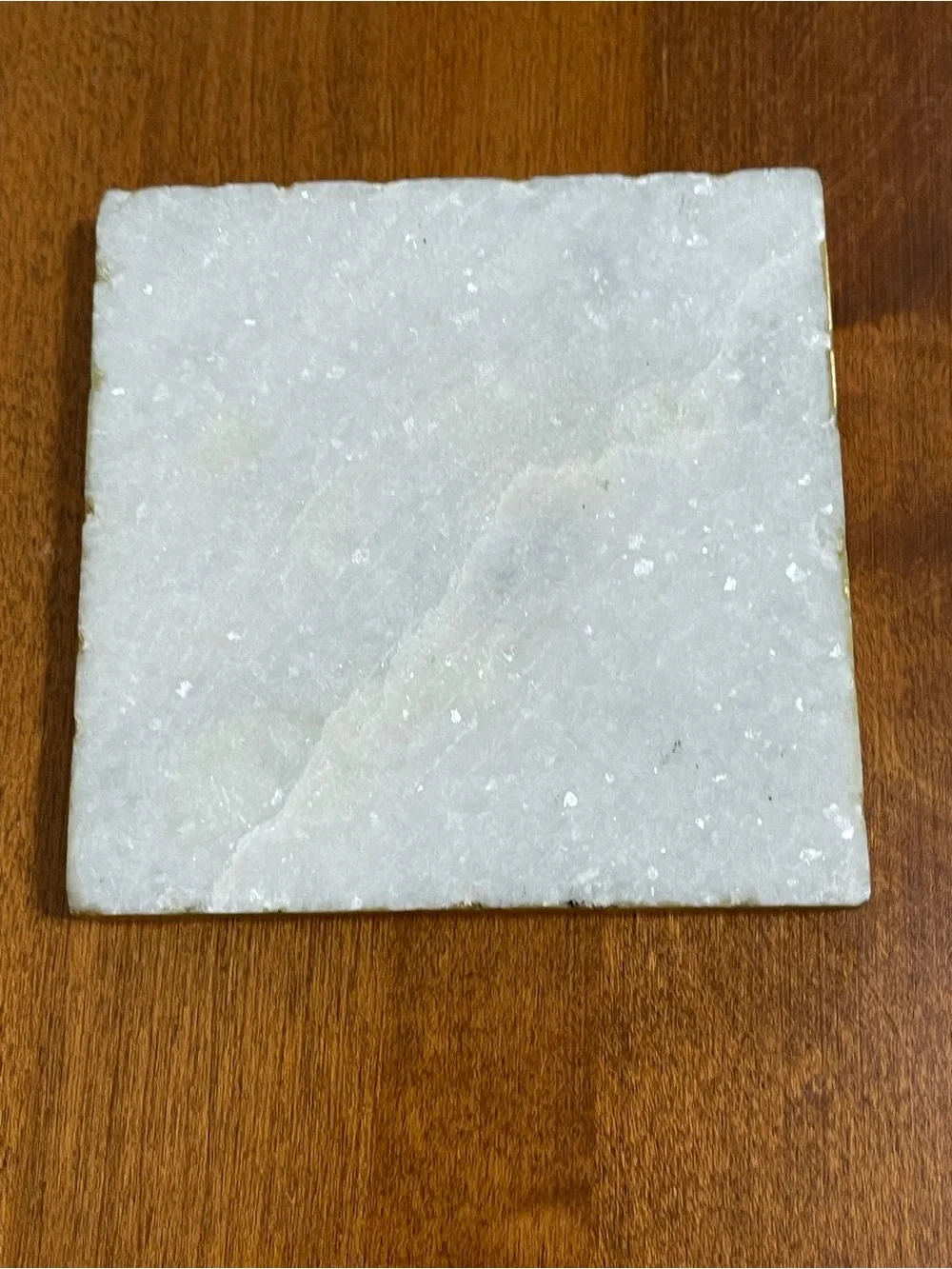 White Natural Stone Marble Sparkle Shimmery Square Coasters Gold Edges 4x4 4 Set